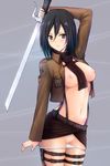  belt black_hair blush breasts buckle emblem highres jacket long_sleeves medium_breasts mikasa_ackerman navel neko_kuruto nipples panties panty_pull paradis_military_uniform purple_eyes pussy scarf shingeki_no_kyojin short_hair simple_background solo sword thigh_strap training_corps_(emblem) underwear undressing weapon 