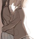  akiyama_mio couple fukutarou_(enji127) hand_on_shoulder hug imminent_kiss k-on! light multiple_girls sakuragaoka_high_school_uniform school_uniform tainaka_ritsu yuri 