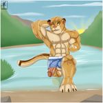  aaron_(artist) abs amber_eyes anthro balls bath biceps big_muscles big_penis blonde_hair brown_eyes brown_fur brown_hair bulge claws clothing cougar crouching erection fangs feline flexing fur grin hair lion looking_at_viewer lun male mammal muscles nipples orange_eyes pecs penis pink_nose presenting shorts smile solo standing swimsuit tan_fur teeth tight_clothing toe_claws toned topless vein water wet whiskers 