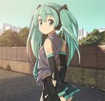  bad_id bad_pixiv_id detached_sleeves domo1220 green_eyes green_hair hatsune_miku headphones long_hair looking_back necktie skirt smile solo twintails vocaloid 