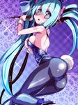  1girl animal_ears aqua_hair ass blue_eyes blue_leotard bunny_ears bunny_tail bunnysuit detached_collar hatsune_miku high_heels leotard long_hair microphone miuku_(marine_sapphire) pantyhose shoes solo tail twintails very_long_hair vocaloid wrist_cuffs 