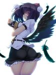  ass black_hair black_wings breasts camera feathers hat highres large_breasts looking_at_viewer looking_back panties pantylines pom_pom_(clothes) red_eyes shameimaru_aya short_hair simple_background smile solo thighs thong tokin_hat torisan touhou underwear white_background wings 