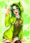  bad_id bad_pixiv_id black_legwear character_name green_eyes green_hair green_shirt happy heart hood hoodie looking_at_viewer midorikawa_nao neziiro open_clothes open_hoodie open_mouth precure shirt shorts skirt smile smile_precure! solo sweater sweater_vest thighhighs 