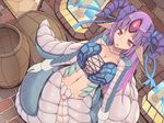  breasts cleavage dutch_angle gloves horn_ribbon horns jajala lamia large_breasts long_hair monster_girl navel original pointy_ears purple_hair red_eyes ribbon scales solo white_gloves 