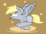  blonde_hair cute cutie_mark derpy_hooves_(mlp) equine female feral food friendship_is_magic fur grey_fur hair horse looking_up mammal muffin my_little_pony oblivinite pegasus plain_background pony pose smile solo spread_legs spreading tongue wings yellow_eyes 