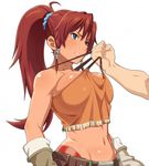  bellows_(suisei_no_gargantia) belt blue_eyes breasts brown_hair clenched_teeth gloves hair_ornament hands large_breasts long_hair midriff navel ponytail pulling scrunchie simple_background solo suisei_no_gargantia teeth tenchisouha white_background 