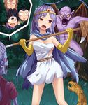  3boys black_hair blue_hair blush breasts cape demon dragon_quest dragon_quest_iii dress elbow_gloves fighter_(dq3) gloves medium_breasts miyo_(ranthath) monster multiple_boys open_mouth red_eyes roto sage_(dq3) smile soldier_(dq3) staff tiara torn_clothes white_dress wings 