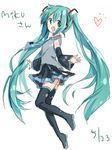  boots dated detached_sleeves full_body green_eyes green_hair hatsune_miku headphones kuronekoshi long_hair necktie open_mouth skirt solo thigh_boots thighhighs twintails very_long_hair vocaloid white_background 