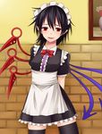  alternate_costume apron arms_behind_back asymmetrical_wings black_hair black_legwear bow enmaided flower houjuu_nue maid maid_apron maid_headdress miyo_(ranthath) open_mouth painting_(object) pointy_ears red_eyes short_hair smile solo sweatdrop thighhighs touhou vase wings zettai_ryouiki 