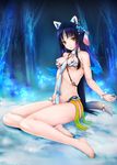  animal_ears armor bad_id bad_pixiv_id barefoot bikini_armor blue_hair bow breasts facial_mark fingernails fox_ears fox_tail hair_ornament lips long_hair medium_breasts nail_polish original sayika sharp_toenails sitting solo tail toenail_polish toenails tree very_long_hair yellow_eyes yokozuwari 