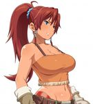  bellows_(suisei_no_gargantia) belt blue_eyes breasts brown_hair cleavage clenched_teeth gloves hair_ornament large_breasts long_hair midriff navel ponytail scrunchie simple_background solo suisei_no_gargantia teeth tenchisouha white_background 