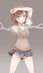  biribiri brown_eyes brown_hair coin electricity hachikuji misaka_mikoto panties pantyshot school_uniform short_hair striped striped_panties to_aru_kagaku_no_railgun to_aru_majutsu_no_index underwear 