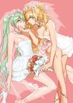  blonde_hair blue_eyes bouquet breasts bridal_veil cleavage curly_hair dress flower green_eyes green_hair hand_on_another's_chin hatsune_miku high_heels jewelry long_hair medium_breasts multiple_girls necklace pin_(leehn0507) pink_background rose seeu shoes tiara twintails veil very_long_hair vocaloid wedding_dress white_dress wife_and_wife yuri 