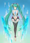  absurdly_long_hair absurdres barefoot breasts detached_sleeves full_body green_eyes green_hair hat hatsune_miku hatsune_miku_(append) highres jinyuan712 long_hair looking_at_viewer medium_breasts navel solo thighhighs very_long_hair vocaloid vocaloid_append 
