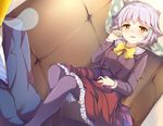  1girl bad_id bad_pixiv_id bow bowtie couch formal frills hair_ornament hairclip haruyuki_(yukichasoba) idolmaster idolmaster_cinderella_girls koshimizu_sachiko lying necktie nose_bubble on_back open_mouth p-head_producer pillow producer_(idolmaster) purple_hair purple_legwear school_uniform short_hair sleeping solo_focus suit thighhighs yellow_eyes 