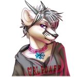  black_nose breasts bust cleavage clothed clothing dragon english_text female fivel fur grey_hair hair hoodie horn looking_at_viewer necklace plain_background purple_eyes shirt short_hair skunk solo text transparent_background unknown_species white_fur 