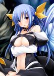  bare_shoulders blue_hair blush bow breasts choker dd_mayohara detached_sleeves dizzy guilty_gear hair_bow large_breasts navel red_eyes solo tail 