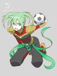  bad_id bad_pixiv_id ball character_name cosplay fei_rune green_eyes green_hair inazuma_eleven_(series) inazuma_eleven_go inazuma_eleven_go_chrono_stone kneeling male_focus open_mouth simple_background soccer_ball solo telstar zanak_abalonic zanak_abalonic_(cosplay) zuwai_kani 