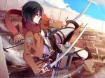  belt black_hair blue_eyes boots emblem jacket jiman mikasa_ackerman paradis_military_uniform scarf shingeki_no_kyojin short_hair solo sword thigh_strap training_corps_(emblem) weapon 