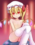  blonde_hair blush flandre_scarlet flat_chest hat niiya nipples nude red_eyes short_hair side_ponytail smile solo thighhighs touhou white_legwear wings 