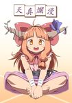  bad_id bad_pixiv_id bandages barefoot bow chain hair_bow horn_ribbon horns ibuki_suika long_hair looking_at_viewer mimiru_(mimill) open_mouth orange_eyes orange_hair ribbon sitting smile solo touhou 