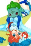  blue_eyes boots breasts bulbasaur fuuro_(pokemon) gen_1_pokemon gloves gym_leader hair_ornament large_breasts lips long_hair lying nokuran on_back pokemon pokemon_(creature) pokemon_(game) pokemon_bw red_eyes red_hair short_shorts shorts sitting sitting_on_person smile suspenders thigh_pouch 
