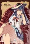  blue_hair crossed_legs food fruit hand_on_own_cheek hat hinanawi_tenshi kureha_(ironika) long_hair panties pantyshot pantyshot_(sitting) peach red_eyes sitting sitting_on_lap sitting_on_person solo touhou underwear 