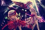  arm_ribbon bat_wings blonde_hair blue_hair brooch candlestand dress flandre_scarlet glowing glowing_eyes glowing_wings hat hat_ribbon jewelry laevatein light_trail mob_cap multiple_girls pink_dress red_eyes red_skirt remilia_scarlet ribbon sash siblings sisters skirt spear_the_gungnir torn_clothes torn_dress touhou wangchuan_de_quanyan watermark wings wrist_cuffs 