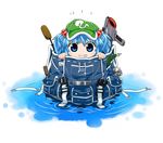  backpack bag blue_eyes blue_hair byourou cattail cucumber energy_gun grin hair_bobbles hair_ornament hat hiding in_bag in_container kawashiro_nitori laser_rifle looking_at_viewer plant smile solo super_scope touhou two_side_up water weapon wrench 