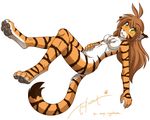  breasts brown_hair chest_tuft feline female flora_(twokinds) fur hair keidran looking_at_viewer lying mammal nude on_back pawpads paws plain_background pregnant solo stripes tiger tom_fischbach tuft twokinds white_background 