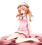  absurdres bad_id bad_pixiv_id bare_arms bare_legs bare_shoulders barefoot blonde_hair blush collarbone hat highres long_sleeves maribel_hearn mob_cap night nightgown open_mouth purple_hair s-syogo solo touhou 