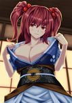  areola_slip areolae breasts fumizuki_homura hair_bobbles hair_ornament japanese_clothes large_breasts light_smile looking_at_viewer onozuka_komachi red_eyes red_hair short_hair solo touhou two_side_up undressing upper_body 