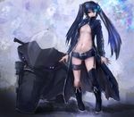  black_hair black_rock_shooter black_rock_shooter_(character) blue_eyes boots breasts burning_eye coat colorized garter_straps ground_vehicle knee_boots long_coat long_hair medium_breasts motor_vehicle motorcycle navel open_clothes open_coat pale_skin revision riftgarret shorts single_thighhigh solo thigh_strap thighhighs twintails 
