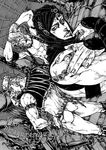  armlet ass battle_tendency esidisi greyscale head_scarf highres jewelry jojo_no_kimyou_na_bouken kars_(jojo) korinko_136 loincloth male_focus manly midriff monochrome multiple_boys necklace pose vest wamuu 