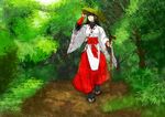  absurdres alternate_costume black_hair breasts forest hakama hat highres japanese_clothes kuroi_yasu large_breasts long_hair m.u.g.e.n miko nature original path red_hakama road sandals sandogasa sash scar sendai_hakurei_no_miko solo tabi touhou walking walking_stick wide_sleeves 