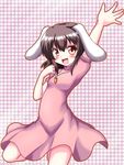  \||/ animal_ears blush brown_hair bunny_ears hand_up inaba_tewi jewelry pendant red_eyes short_hair solo touhou yakumo_nanahara 