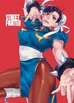  boots bracelet brown_eyes brown_hair bun_cover china_dress chinese_clothes chun-li double_bun dress earrings fighting_stance icym jewelry pantyhose pelvic_curtain sash short_hair solo spiked_bracelet spikes street_fighter 