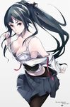  bare_shoulders bell black_hair bra breasts brown_eyes cleavage english graph_paper heart highres large_breasts looking_at_viewer mille_(dieci) navel original panties panties_under_pantyhose pantyhose ponytail skirt solo underwear white_bra white_panties 