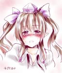  blush breasts brown_hair chaigidhiell cleavage collarbone hair_ribbon hat heavy_breathing himekaidou_hatate long_hair medium_breasts nose_blush pointy_ears purple_eyes ribbon saliva shirt solo sweat tokin_hat touhou twintails upper_body 