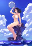  absurdres ball barefoot bikini black_eyes black_hair breasts cloud day full_body highres large_breasts legs long_hair navel ocean original ryoji_(nomura_ryouji) sitting sky slingshot_swimsuit smile solo strap_gap swimsuit volleyball water 