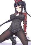  ass ass_visible_through_thighs black_hair blue_eyes breasts covered_nipples gloves high_heels kneeling large_breasts looking_at_viewer marubonman no_bra pantyhose shoes solo summon_night summon_night_5 yeng-hua 