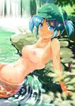  arm_support blue_eyes blue_hair blush breasts bush hair_bobbles hair_ornament hat kawashiro_nitori medium_breasts navel nipples nude partially_submerged porurin short_hair smile solo tan tanline touhou twintails water waterfall wet 
