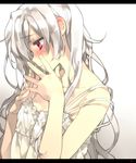  blush letterboxed long_hair looking_away original parted_lips pink_eyes simple_background solo toujou_sakana white_hair 