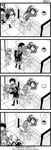  3girls 4koma blanket casual chair coffee comic covering_with_blanket cup greyscale hairband highres if_they_mated kandanchi koharu_(kandanchi) koizumi_miki kyonta_(kandanchi) monochrome mug multiple_girls mundane_utility plate ponytail short_hair silent_comic sleeping suzumiya_haruhi suzumiya_haruhi_no_yuuutsu table thighhighs translated twintails 