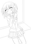  absurdres aoki_kaede bad_id bad_pixiv_id greyscale hair_ribbon highres lineart looking_at_viewer monochrome original ribbon short_hair skirt smile solo suzune_rena thighhighs 