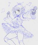  animal_ears breasts dress kasuga_yukihito kneehighs medium_breasts microphone monochrome musical_note mystia_lorelei open_mouth panties short_hair sketch smile solo touhou underwear wings 