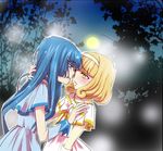  aoki_reika bad_id bad_pixiv_id blonde_hair blue_eyes blue_hair blush couple eye_contact fireflies full_moon hairband hand_on_neck imminent_kiss kise_yayoi long_hair looking_at_another moon multiple_girls night noto_(furanki) precure saliva saliva_trail short_hair smile_precure! tree white_hairband yellow_eyes yuri 