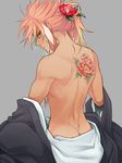  ass bad_id bad_pixiv_id blue_eyes flower from_behind garushaa_wolfein hair_flower hair_ornament inazuma_eleven_(series) inazuma_eleven_go inazuma_eleven_go_chrono_stone long_hair looking_back male_focus simple_background solo tattoo undressing zuwai_kani 