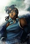  avatar:_the_last_airbender avatar_(series) bare_shoulders blue_eyes breasts brown_hair dark_skin detached_sleeves hair_tubes hand_on_hip highres korra large_breasts long_hair ponytail shirt solo taut_clothes taut_shirt the_legend_of_korra tiuana_rui topknot watermark web_address 
