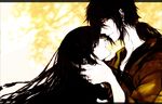  1girl black_hair crying highres husband_and_wife japanese_clothes kimono long_hair nekoritatsuki nura_rihan nurarihyon_no_mago otome_yamabuki parted_lips ponytail red_eyes smile yellow_eyes yukata 